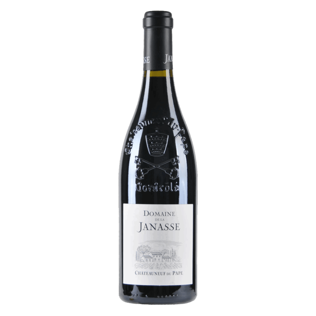 Franse wijn uit Châteauneuf-du-Pape, Domaine de la Janasse met reliëffles en klassieke rode wijn met diepgang en structuur