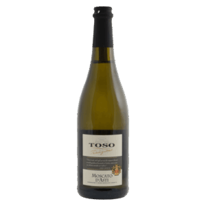 Witte wijn – Toso Moscato d’Asti wijn uit Piemonte Italië met klassieke fles en licht gouden capsule bovenop