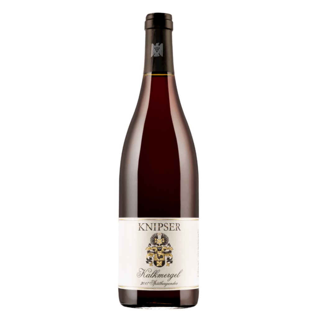 Duitse wijn van Spätburgunder uit Pfalz, Knipser Kalkmergel met klassiek etiket en verfijnde rode wijn met frisse zuren
