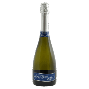 Mousserende witte wijn – Toso Asti wijn uit Piemonte Italië met zilveren folie en blauw etiket in klassieke fles