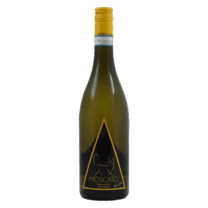 Zoete witte wijn – Moscato wijn uit Piemonte Italië in moderne fles met gele dop en zwarte labelstijl
