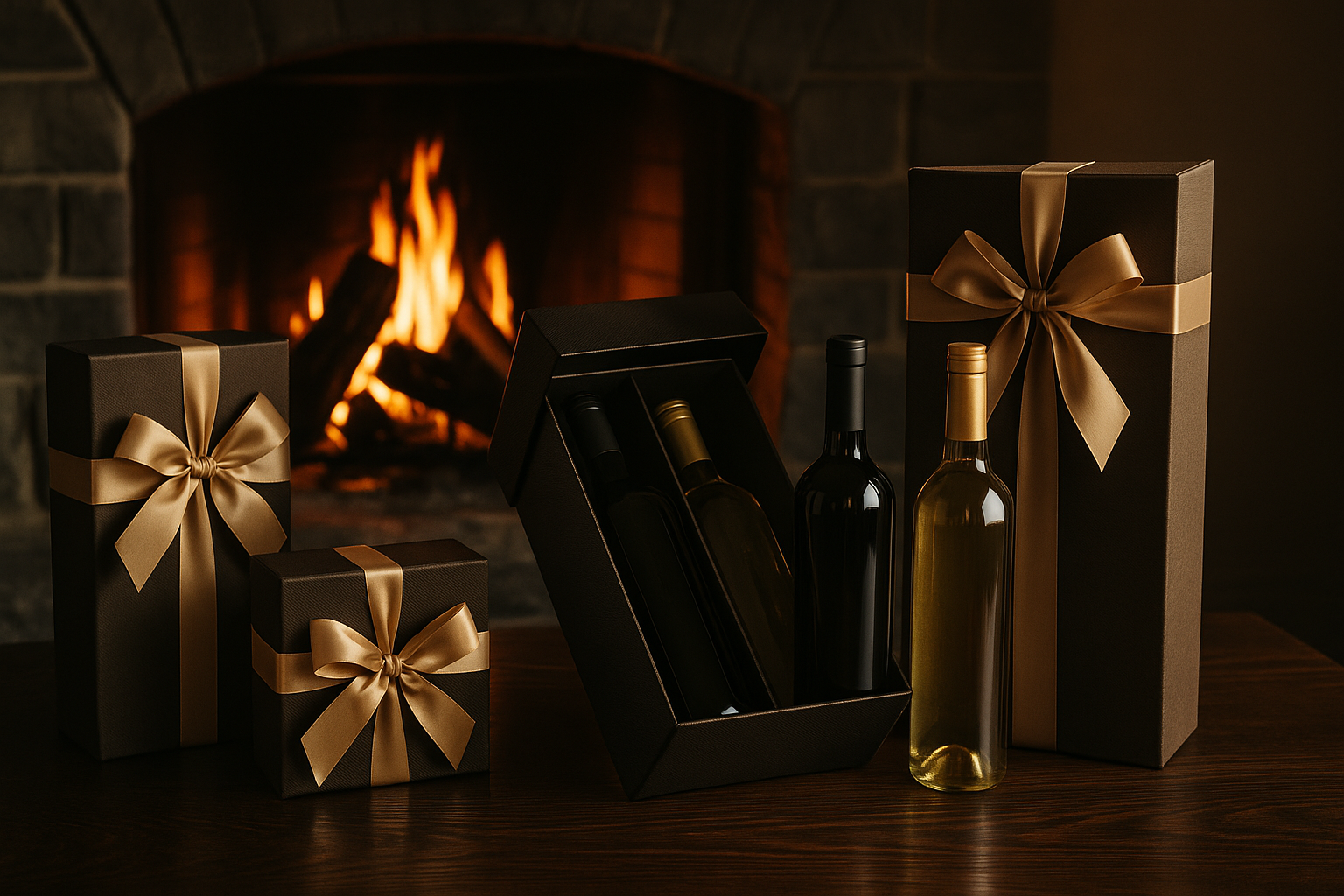 Luxe cadeauverpakkingen met flessen wijn en gouden linten voor open haard op houten tafel in warme feestelijke setting.