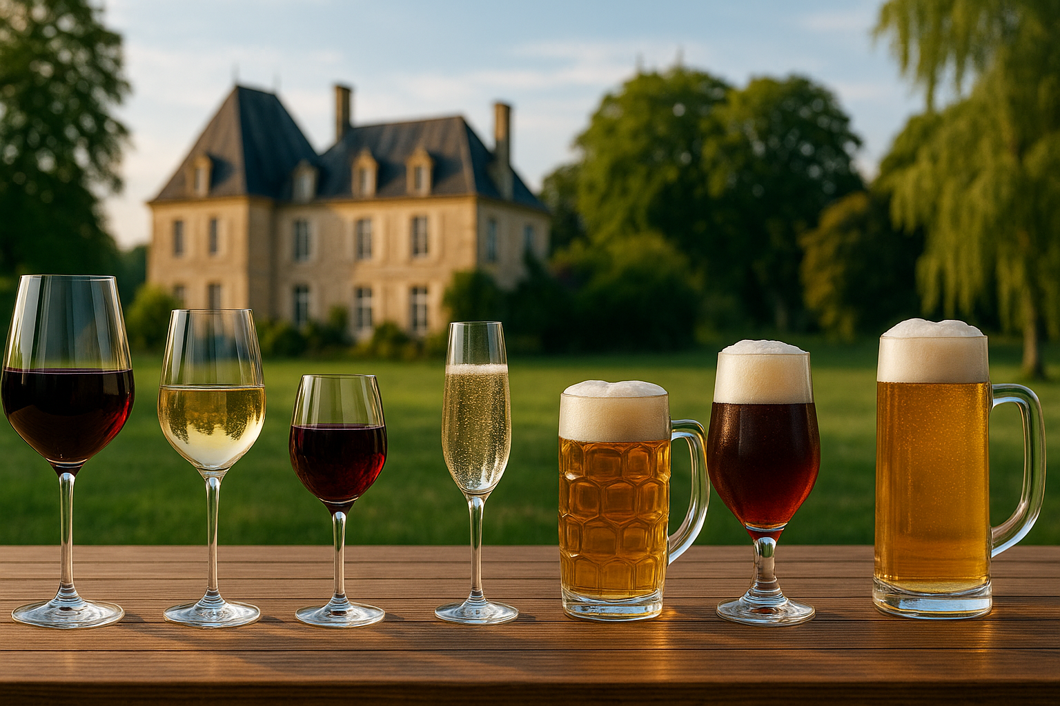 Diverse glazen wijn, champagne en bier op houten tafel met Frans landhuis op de achtergrond in zomerse setting.