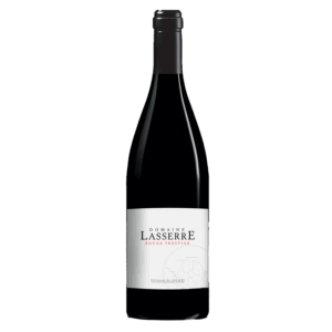 Franse wijn uit Côtes du Rhône, Domaine Lasserre Rouge Prestige met strak wit etiket en kruidige rode wijn met body