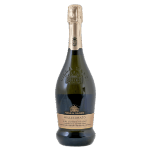 Mousserende witte wijn Villa Sandi Millesimato Prosecco uit Italië met goudkleurig etiket en donkere wijn fles