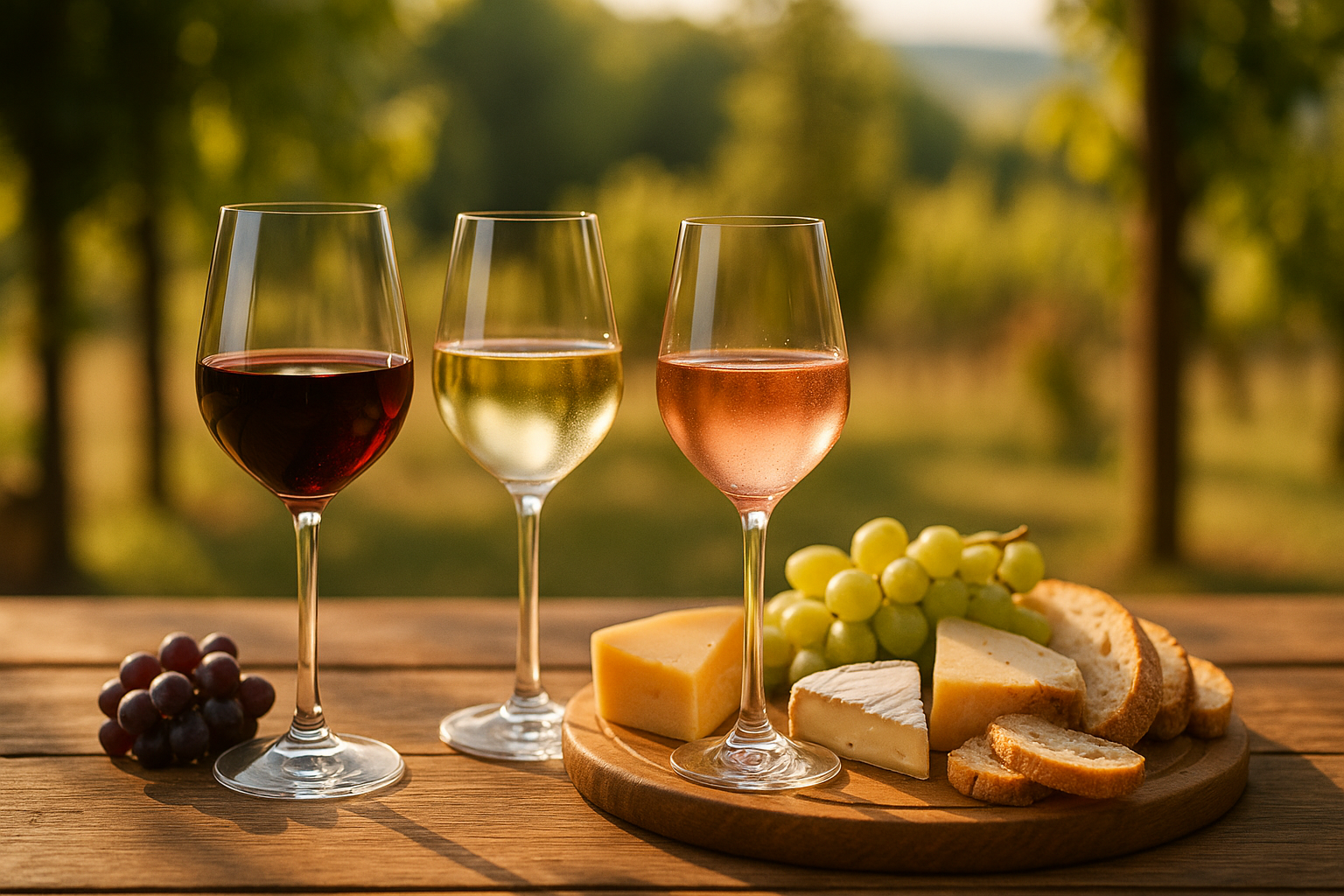 Glazen rode, witte en roséwijn met kaas, druiven en brood op houten tafel in wijngaard bij zonsondergang.