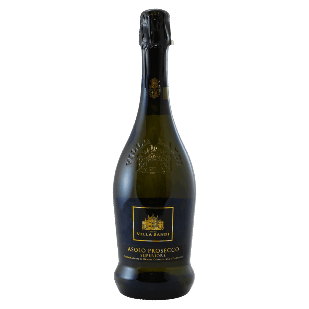 Mousserende witte wijn Villa Sandi Asolo Prosecco Superiore uit Italië, donkere fles met reliëf en goud etiket