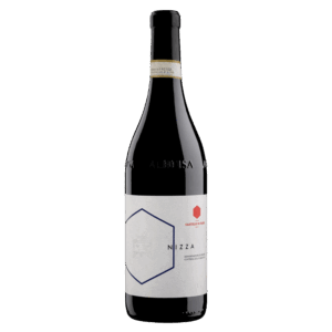 Italiaanse wijn van Barbera uit Piemonte, Nizza DOCG met modern wit etiket en volle rode wijn met diepgang en structuur