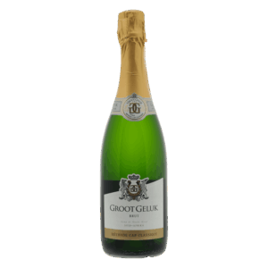 Mousserende witte wijn Groot Geluk Brut, Zuid-Afrika, klassieke fles met gouden capsule en wapenschild