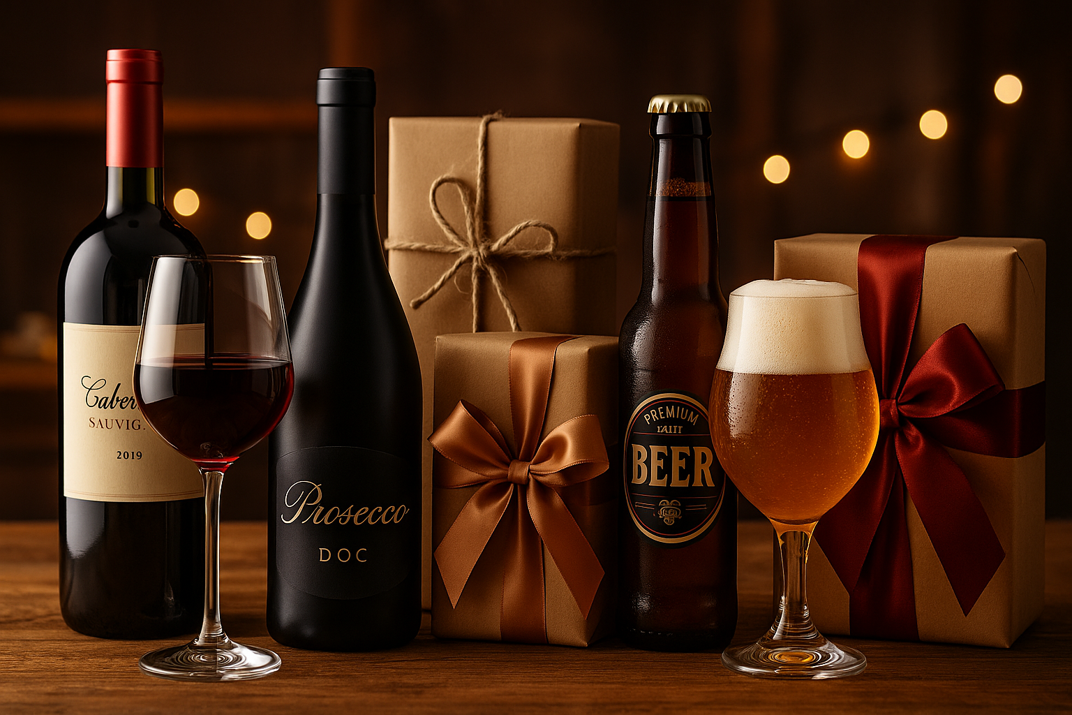 Flessen wijn, prosecco en bier met glazen en luxe cadeauverpakkingen op houten tafel in warme sfeerverlichting.
