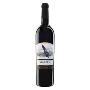 Argentijnse wijn van Malbec uit Mendoza, krachtig rood met zwart-wit etiket en volle wijn met rijp fruit en zachte tannines