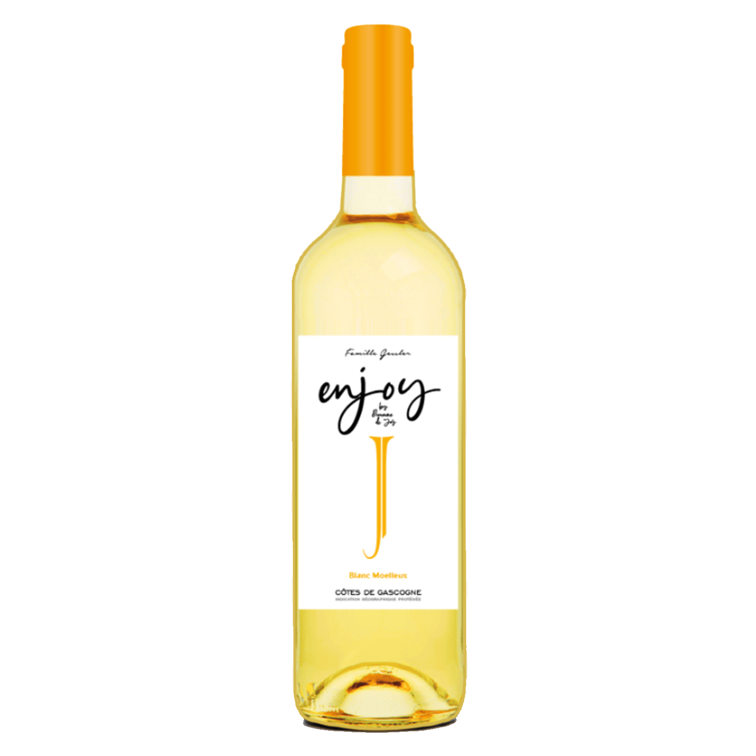 Witte wijn Blanc Moelleux, Enjoy Famille Gessler, Côtes de Gascogne Frankrijk, fruitige zoete wijn met oranje capsule