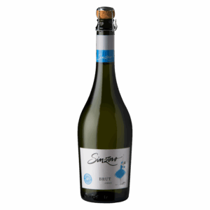 Mousserende witte wijn Simonsig Brut, Zuid-Afrika, elegante fles met blauwe capsule en modern label