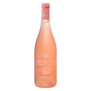 Rosé wijn uit Ardèche Frankrijk, Soupe d’une Nuit wijn met matroze fles en witte opdruk, zachte fruitige wijn