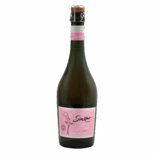Rosé wijnfles Simonsig Kaapse Vonkel, Zuid-Afrikaanse mousserende wijn met roze etiket en florale details