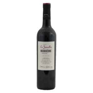Franse wijn van Mourvèdre uit Pays d’Oc Languedoc, Les Jamelles met klassiek etiket en volle rode wijn met kruidigheid