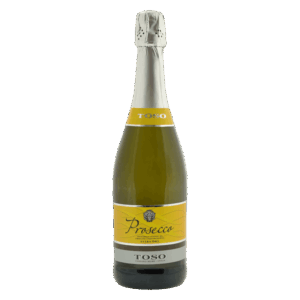 Prosecco wijn van Toso in mousserende fles met geel etiket, Italiaanse wijn met frisse en fruitige bubbels