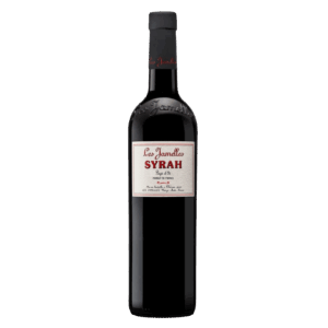 Franse wijn van Syrah uit Languedoc, Les Jamelles met herkenbaar etiket en volle kruidige rode wijn uit Zuid-Frankrijk