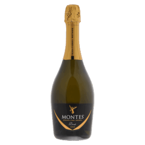 Mousserende Montes wijn in donkere fles met goudkleurig etiket en hals, brut wijn uit Chili met elegant karakter
