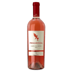 Rosé wijn uit Italië, Primaronda Castel del Monte DOC wijn met rood-wit etiket en elegante fles, Torrevento wijn