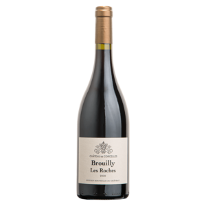 Franse wijn van Gamay uit Brouilly Beaujolais, Château de Corcelles met stijlvol etiket en soepele rode wijn