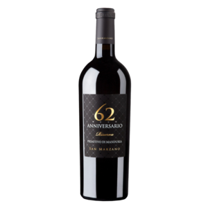 Italiaanse wijn van Primitivo uit Puglia, 62 Anniversario Riserva van San Marzano met luxe etiket en volle rode wijn
