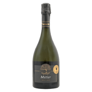 Mousserende witte wijn Métier Brut in elegante fles met zwart etiket en gouden accenten, Franse wijnstijl