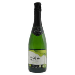 Alcoholvrije witte wijn OPIA Chardonnay in groene fles met zwart etiket en biologische kenmerken
