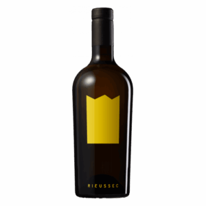 Dessertwijn Rieussec, Sauternes Frankrijk, luxe zoete wijn in donkere fles met gele kroon op het etiket