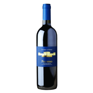 Rode wijn uit Toscane Italië, Pipolfino van Le Pupille met opvallend blauw etiket en soepele Italiaanse wijn