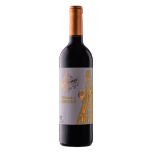 Spaanse wijn van Tempranillo uit Valencia, De Moya Barrica 6 met koperkleurig etiket en soepele rode wijn met houttoets