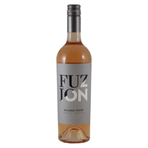 Rosé wijn uit Argentinië, Malbec-rosé van Fuzion in moderne fles met grijs etiket en grote typografie