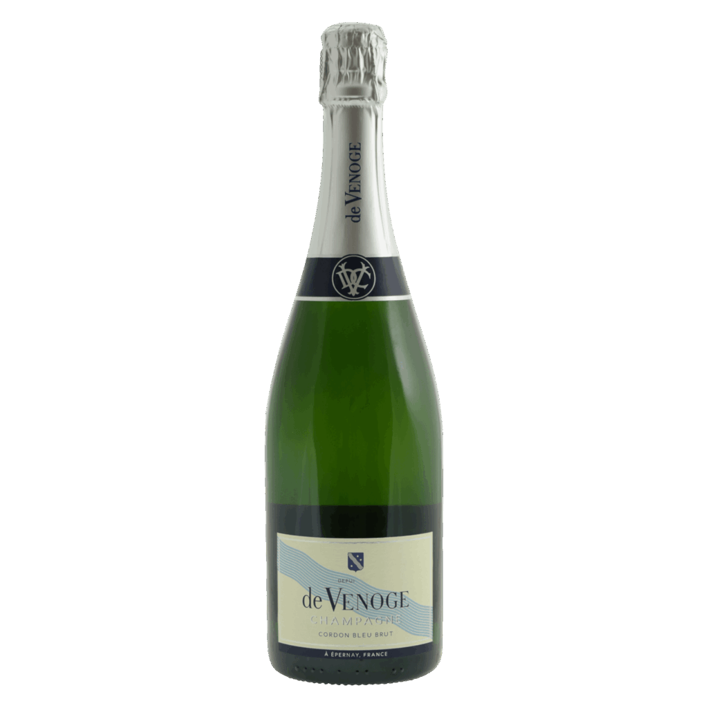 De Venoge Cordon Bleu Brut champagne wijnfles, elegante mousserende wijn uit Épernay Frankrijk met zilverfolie