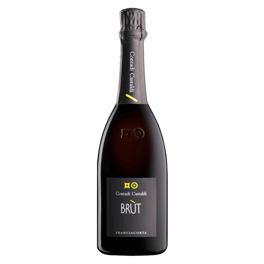 Contadi Castaldi Brut Franciacorta wijn in zwarte fles, Italiaanse mousserende wijn met fris karakter en fijne mousse