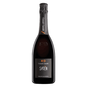 Franciacorta Satèn mousserende wijn uit Italië, Contadi Castaldi wijn in donkere fles met modern zwart etiket