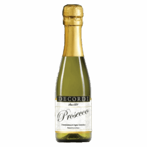 Kleine prosecco wijn uit Italië, Decordi mousserende wijn in mini flesje met goudfolie en klassiek Italiaans label