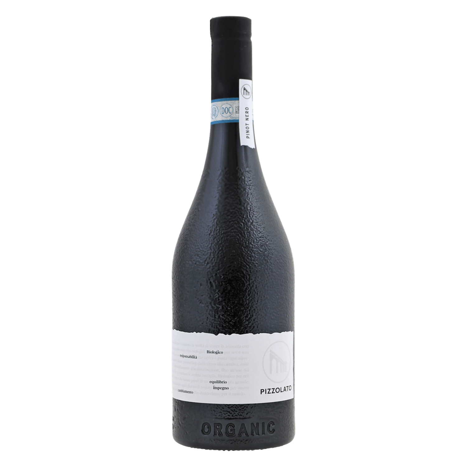 Rode wijn van Pinot Nero uit Veneto Italië, biologische wijn van Pizzolato met elegante fles en DOC-keurmerk