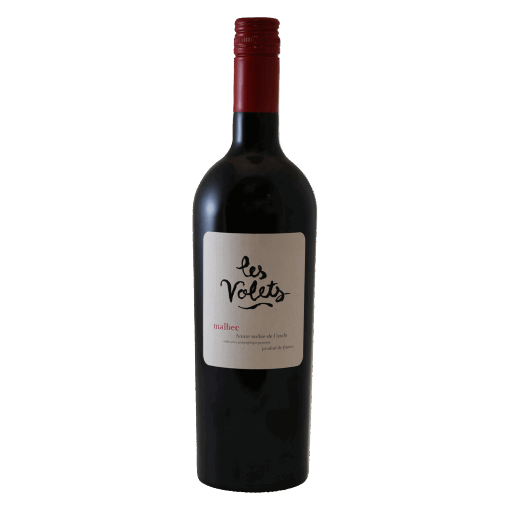 Rode wijn Malbec uit Frankrijk met licht etiket en speels zwart logo van Les Volets, Franse wijn