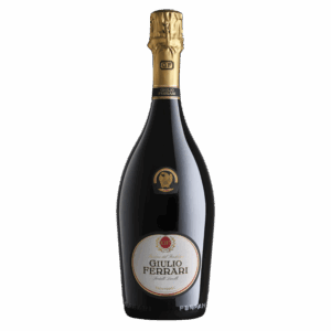 Giulio Ferrari mousserende wijn uit Italië, luxe fles met gouden capsule en klassiek etiket voor feestelijke wijnmomenten