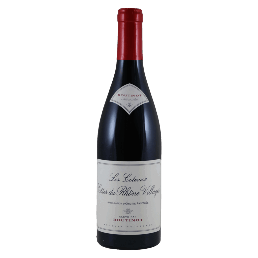 Rode wijn Côtes du Rhône Villages uit Frankrijk met klassiek wit etiket en rode capsule van Boutinot, Franse wijn