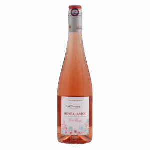 Rosé wijn uit Anjou Frankrijk, La Cheteau wijn met bloemendecor op etiket in elegante fles, zoete rosé wijn