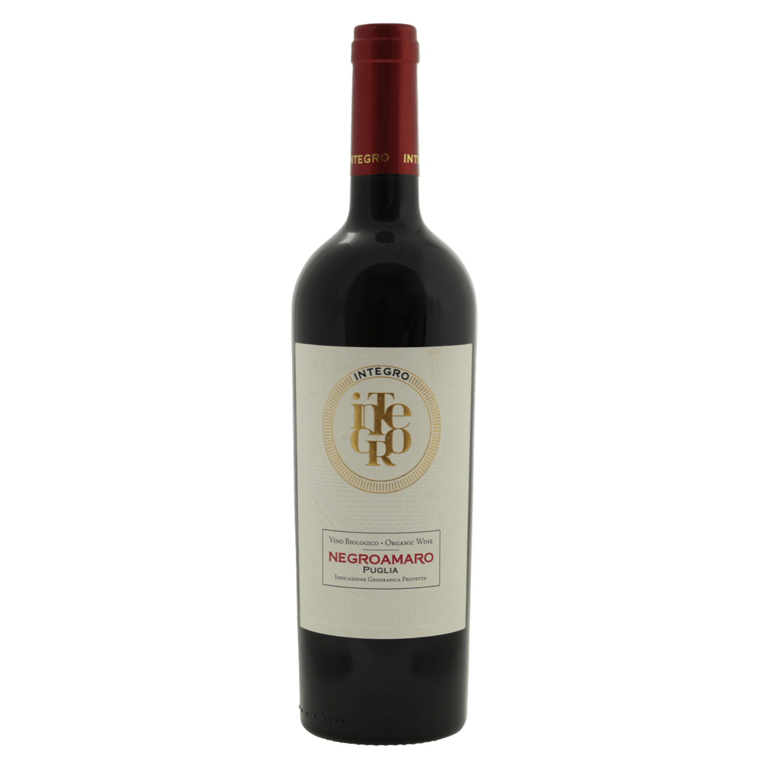 Rode wijn Negroamaro uit Puglia Italië met wit etiket, gouden logo en rode capsule, Italiaanse wijn