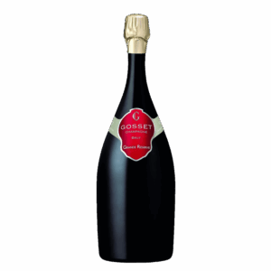 Champagne wijn uit Frankrijk, Gosset Grande Réserve brut wijn in zwarte fles met rood etiket en gouden capsule