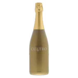Gouden mousserende cava wijn uit Spanje, Cu4tro brut wijn in glanzende fles met chique uitstraling en sprankelende wijn
