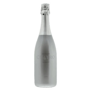 Mousserende wijn uit Spanje, Cu4tro Bubbles brut wijn in zilveren fles met strak design en stijlvolle cava-uitstraling
