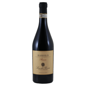 Rode wijn Barolo Riserva uit Piemonte Italië met klassiek beige etiket en zwart lint, Italiaanse wijn