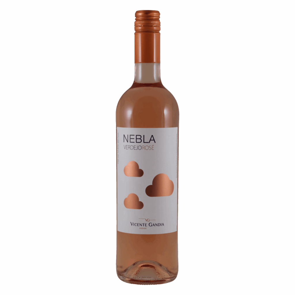 Rosé wijn Verdejo uit Spanje, frisse wijn van Vicente Gandia in moderne fles met wolkjes op wit etiket