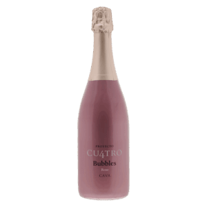 Rosé cava wijn uit Spanje, Cu4tro Bubbles mousserende wijn in roze fles met goudfolie en moderne uitstraling