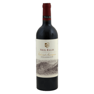Rode wijn Cabernet Sauvignon uit Stellenbosch Zuid-Afrika met wit etiket en bergillustratie, Zuid-Afrikaanse wijn