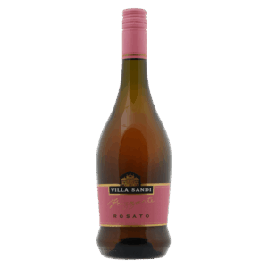 Rosato wijn uit Italië, Villa Sandi wijn in elegante fles met roze capsule en label, frisse rosékleurige wijnstijl